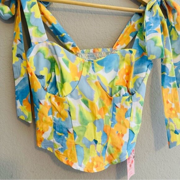 Floral Tie Strap Crop Top XS Y2K Tropical Coquette Summercore Cottagecore Vibes - Picture 5 of 10